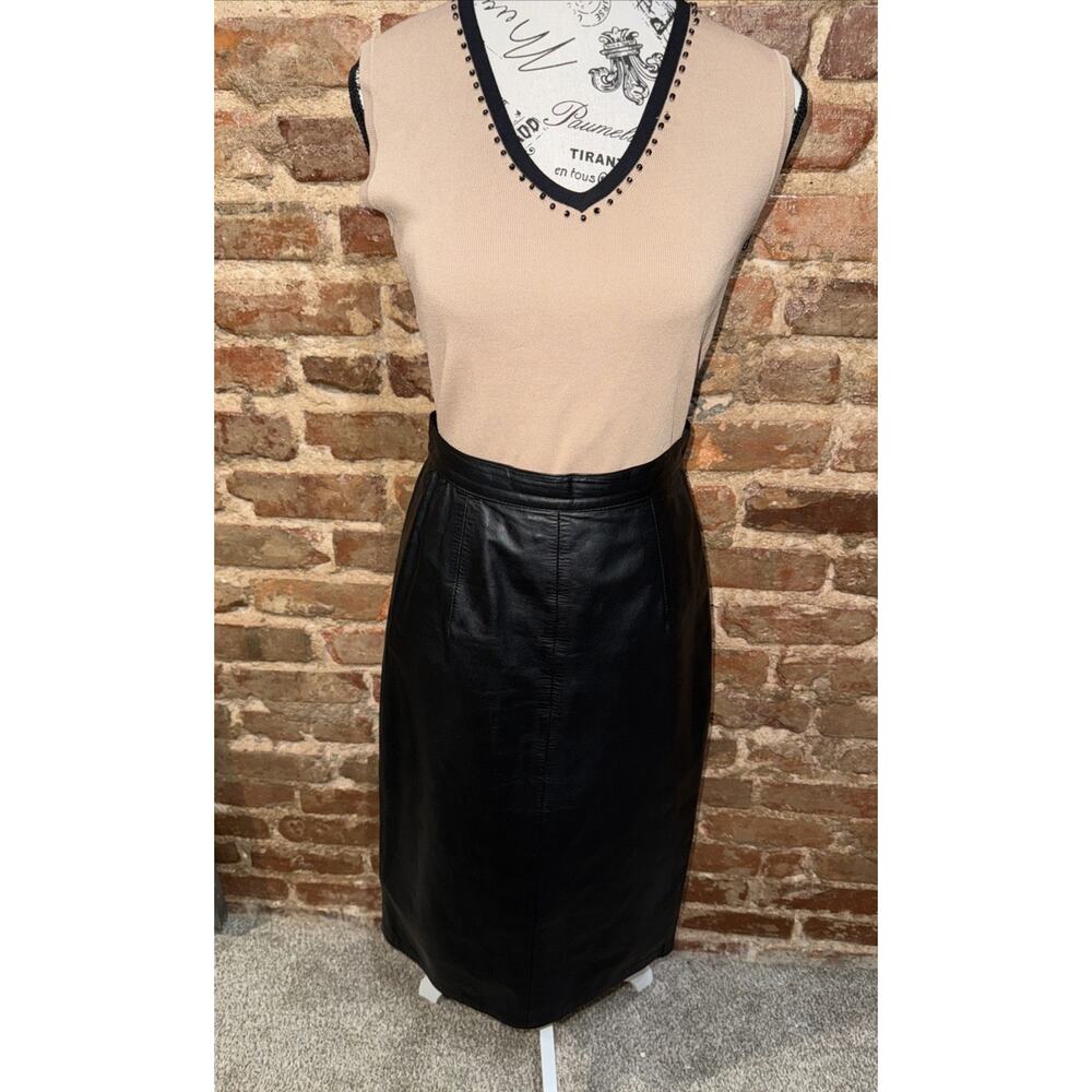 CEDARS VINTAGE Black Leather Midi Pencil Skirt Lined Slit Back Sz 8 Mob Wife EUC